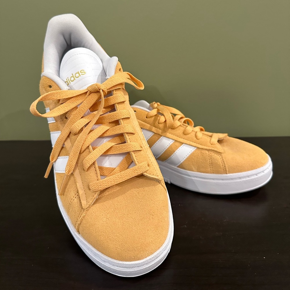 Adidas Grand Court Alpha Sneaker with Suede Finish. Orange and White